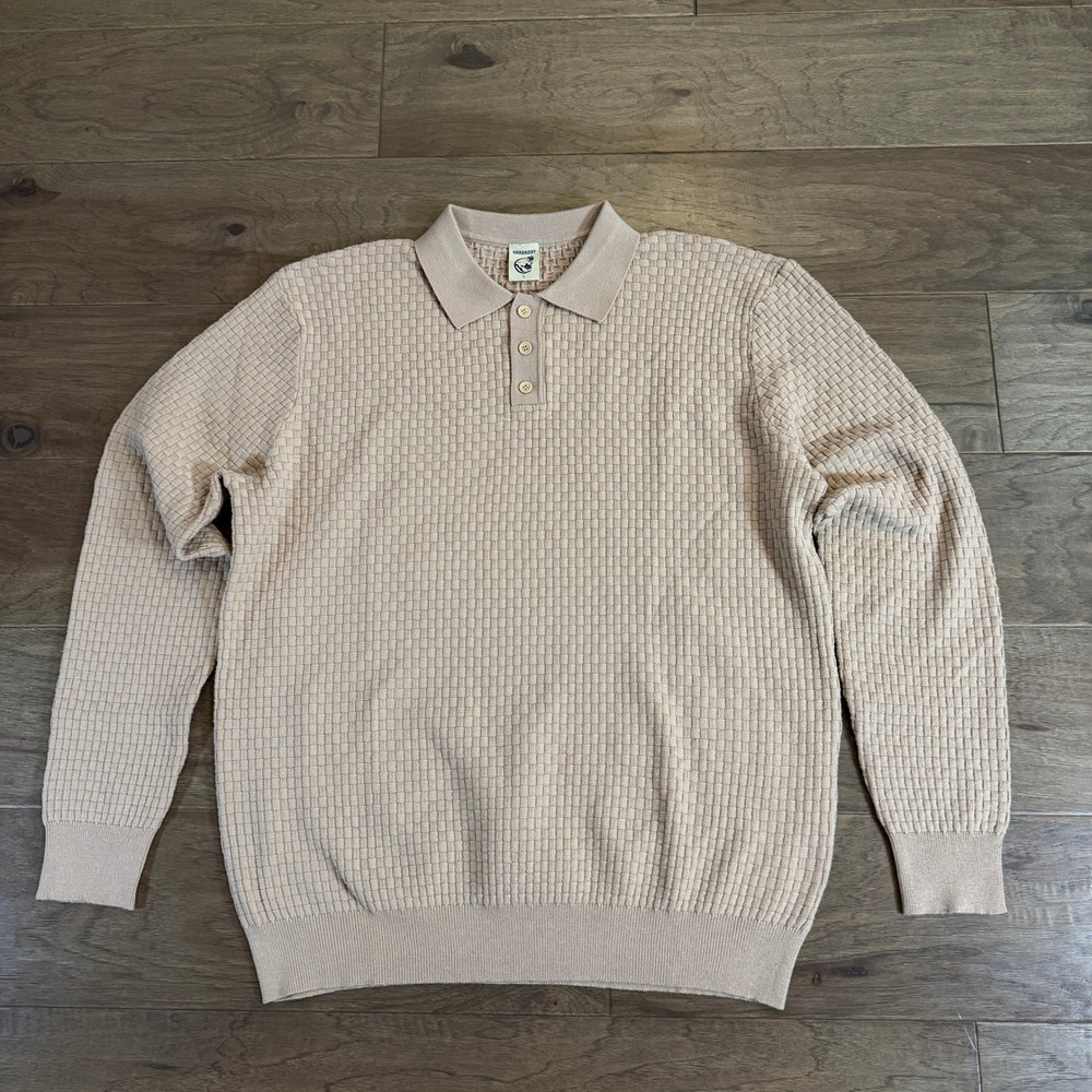 Hardaddy Mens Tan Basket Weave Textured Knit‎ Long Sleeve Polo Sweater Large